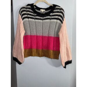 Tucker Tate open weave black pink white stripe crewneck sweater size medium